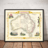 Ancienne carte d'Australie et de Tasmanie, 1851, par Tallis & Rapkin - Sydney, Melbourne, Perth