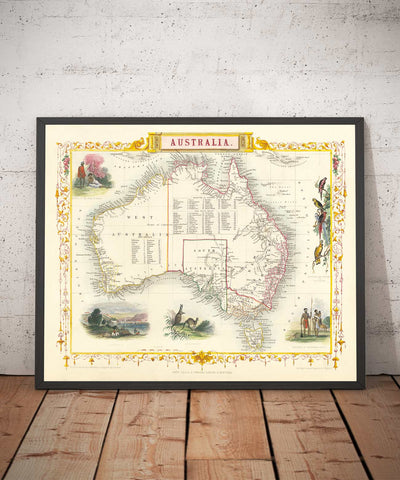 Ancienne carte d'Australie et de Tasmanie, 1851, par Tallis & Rapkin - Sydney, Melbourne, Perth