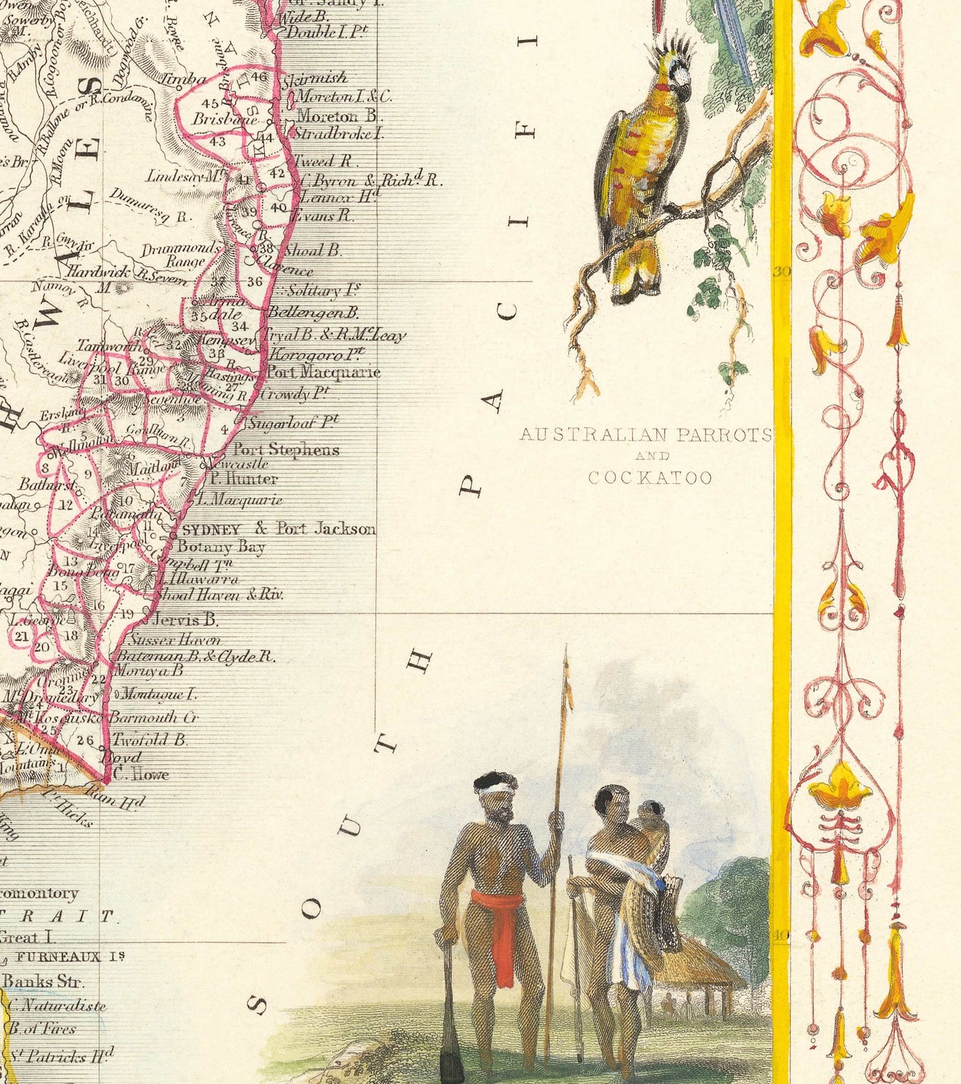 Ancienne carte d'Australie et de Tasmanie, 1851, par Tallis & Rapkin - Sydney, Melbourne, Perth