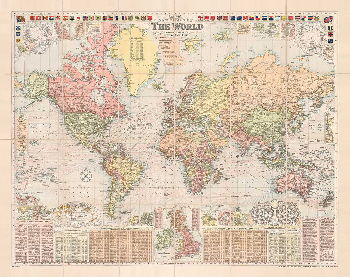 Antiguo mapa del mundo de Bacon, 1908 - Atlas grande y raro - Vías marítimas, Marina mercante, Ferrocarriles, Imperio británico