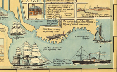Antiguo mapa histórico de Baltimore en 1954 por Edward Tunis - Centro, Johnstown, Little Italy, Otterbein, Puerto de Baltimore