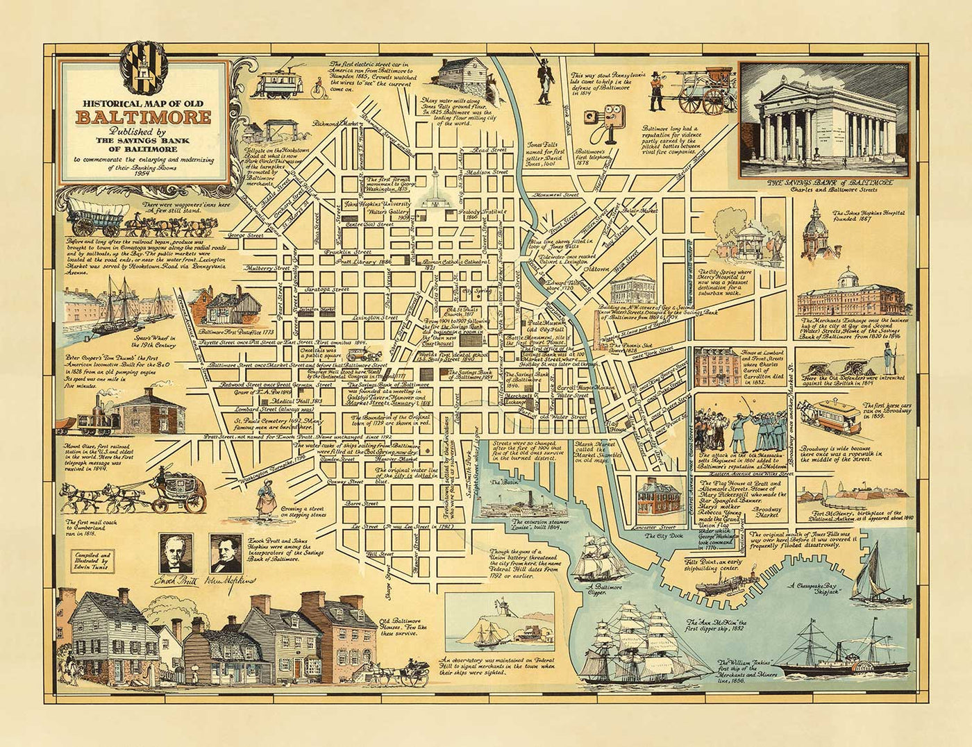 Antiguo mapa histórico de Baltimore en 1954 por Edward Tunis - Centro, Johnstown, Little Italy, Otterbein, Puerto de Baltimore
