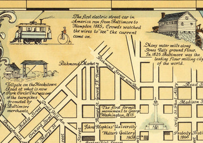 Ancienne carte historique de Baltimore en 1954 par Edward Tunis - Centre-ville, Johnstown, Petite Italie, Otterbein, Port de Baltimore