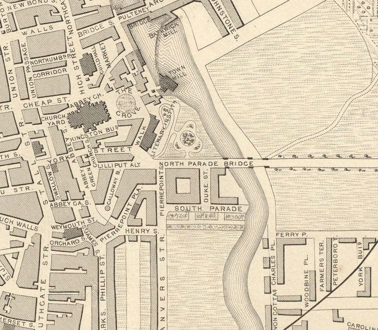 Mappa antica di Bath di John Rapkin, 1851 - Circus, Royal Crescent, Abbey, Terme romane 