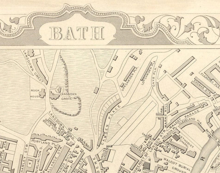 Mappa antica di Bath di John Rapkin, 1851 - Circus, Royal Crescent, Abbey, Terme romane 