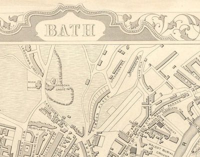 Mapa antiguo de Bath por John Rapkin, 1851 - Circo, Royal Crescent, Abadía, Baños Romanos