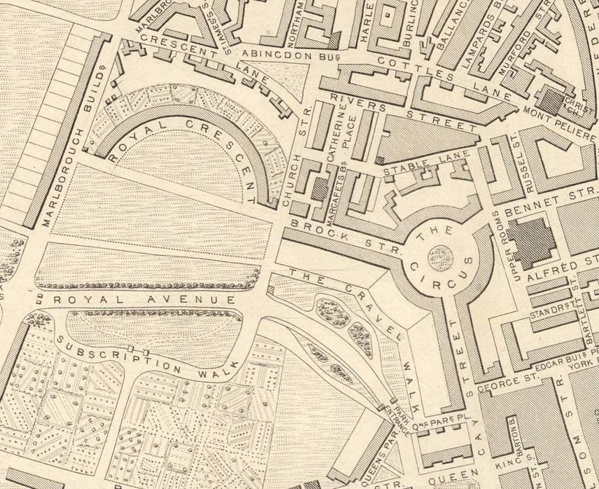 Alte Karte von Bath von John Rapkin, 1851 - Circus, Royal Crescent, Abbey, Roman Baths