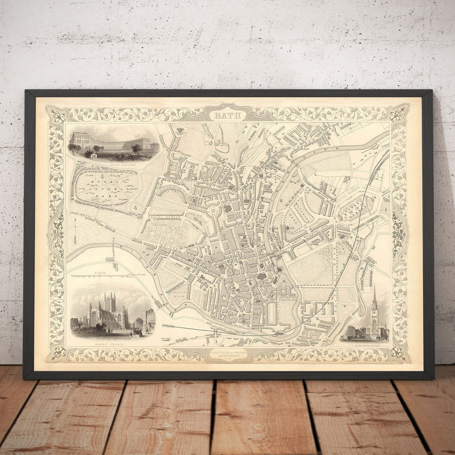 Mappa antica di Bath di John Rapkin, 1851 - Circus, Royal Crescent, Abbey, Terme romane 