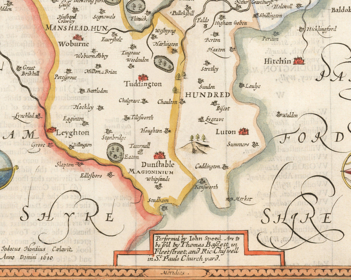 Antiguo mapa de Bedfordshire 1611 por John Speed - Bedford, Luton, Dunstable, St Neots, Leighton Buzzard