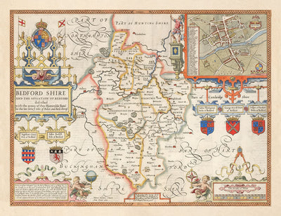 Antiguo mapa de Bedfordshire 1611 por John Speed - Bedford, Luton, Dunstable, St Neots, Leighton Buzzard