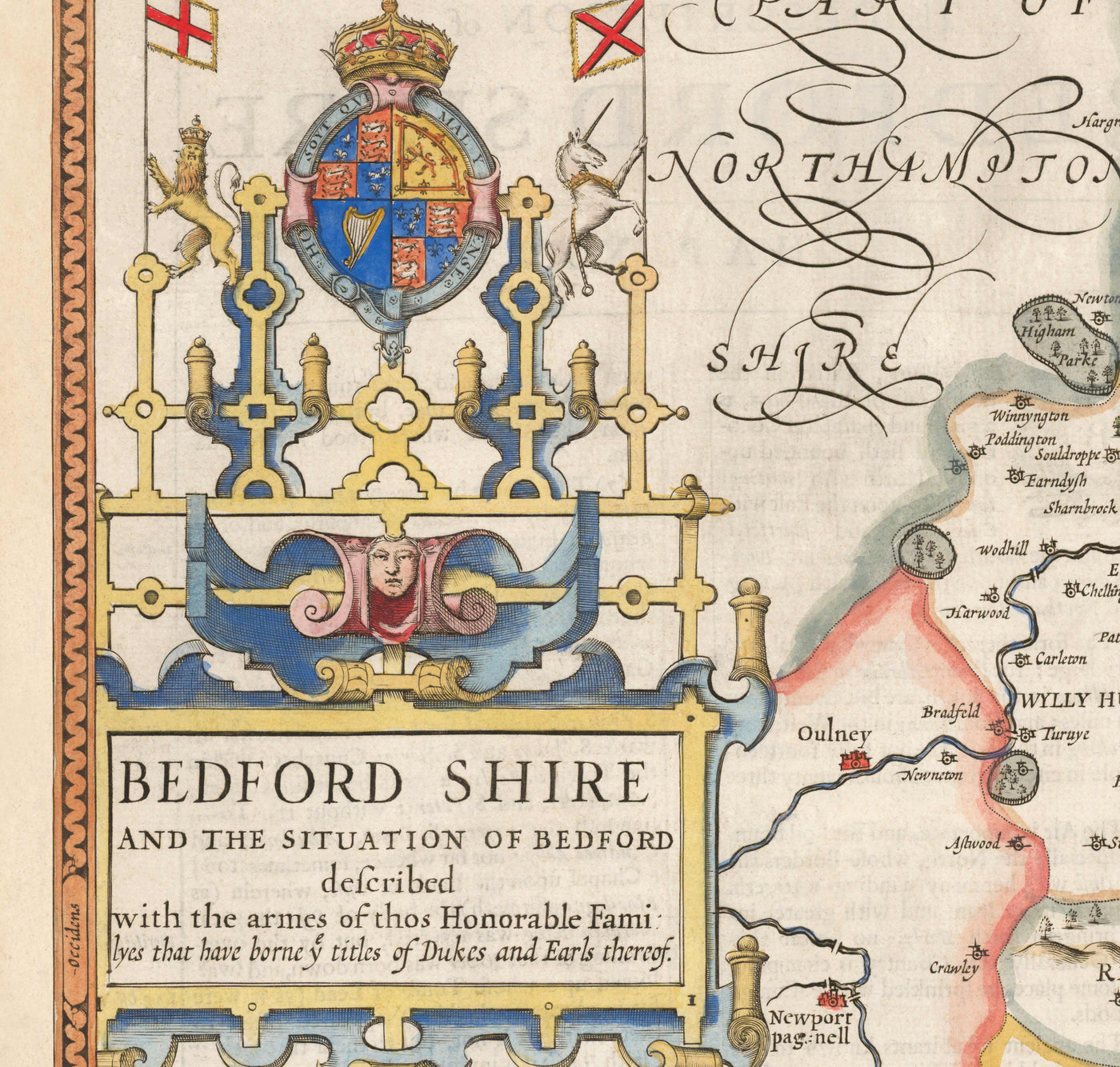 Alte Karte von Bedfordshire 1611 von John Speed - Bedford, Luton, Dunstable, St Neots, Leighton Buzzard