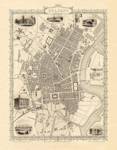 Alte Karte von Belfast, Irland im Jahr 1851 von Tallis & Rapkin - Queens College, Ulster Railway Station, Ballast Office,
