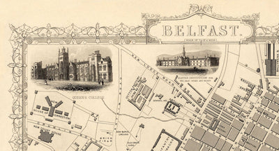 Antiguo mapa de Belfast, Irlanda, en 1851, por Tallis & Rapkin - Queens College, estación de ferrocarril del Ulster, oficina de lastre,