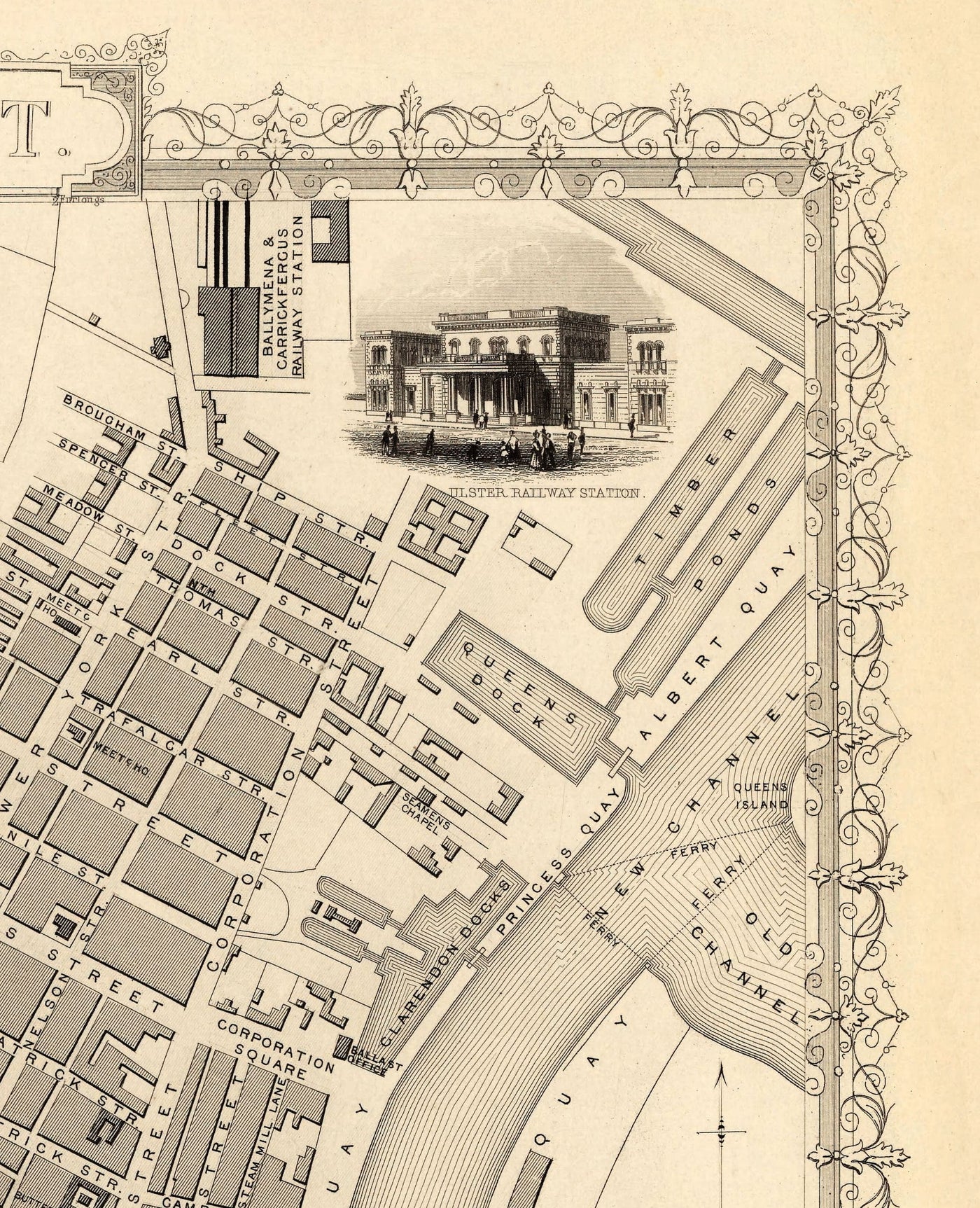 Alte Karte von Belfast, Irland im Jahr 1851 von Tallis & Rapkin - Queens College, Ulster Railway Station, Ballast Office,