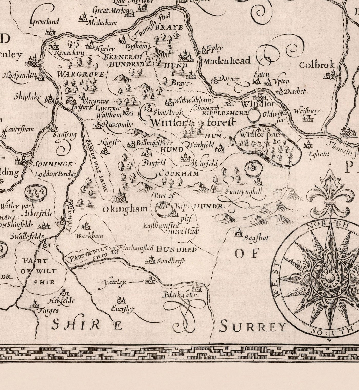 Alte monochrome Karte von Berkshire 1611 von John Speed ​​- Lesen, Slough, Bracknell, Maidenhead, Henley, Eton, Windsor Castle