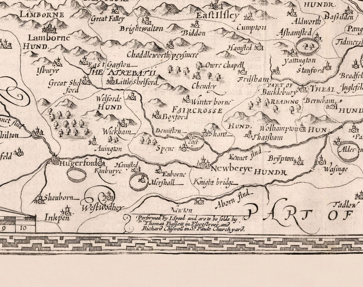 Alte monochrome Karte von Berkshire 1611 von John Speed ​​- Lesen, Slough, Bracknell, Maidenhead, Henley, Eton, Windsor Castle