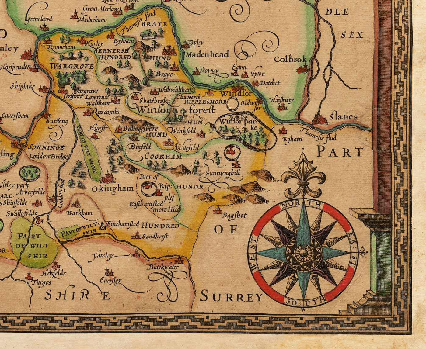 Ancienne carte du Berkshire, 1611, John Speed - Reading, Slough, Bracknell, Maidenhead