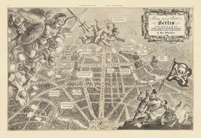 Alte Karte von Berlin, 1939 von Rex Whistler - Satirischer Weltkrieg 2 Propaganda - Hitler, Goebbels, Cherubs, Göttin Britannia