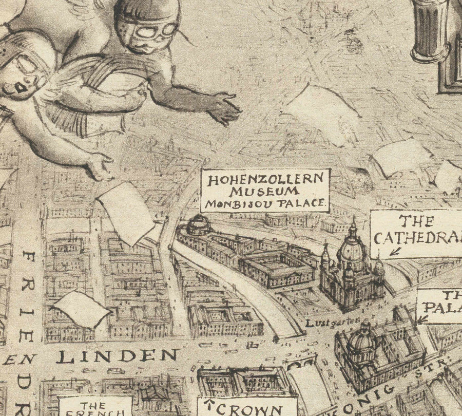 Mappa antica di Berlino, 1939 di Rex Whistler - Propaganda satirica della Seconda Guerra Mondiale - Hitler, Goebbels, Cherubini, Dea Britannia 