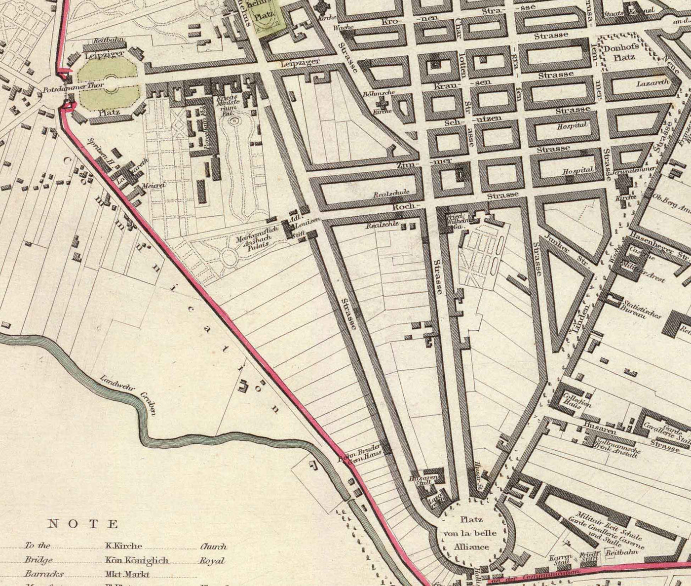 Old Map of Berlin in 1833 by SDUK - Germany, Tiergarten, Alexanderplatz, Berlin Wall, Brandenburg Gate
