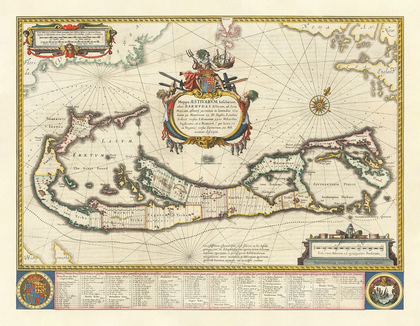 Ancienne carte des Bermudes, 1640 par Willem Blaeu - Somers Isles Tribes & Parishes