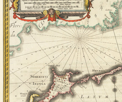 Mapa antiguo de las Bermudas, 1640 por Willem Blaeu - Tribus y Parroquias de las Islas Somers