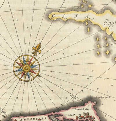 Mapa antiguo de las Bermudas, 1640 por Willem Blaeu - Tribus y Parroquias de las Islas Somers