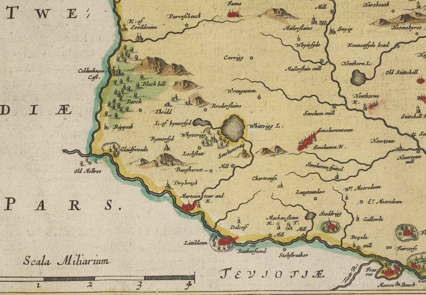 Ancienne carte du Berwickshire en 1665 par Joan Blaeu - Eyemouth, Ayton, Coldingham, Tweedmouth, Hutton