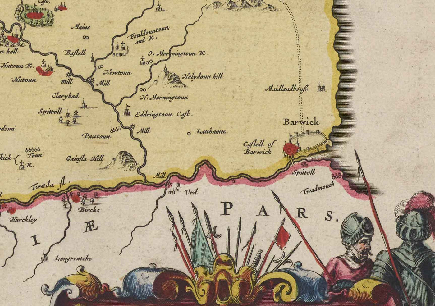 Antiguo mapa de Berwickshire en 1665 por Joan Blaeu - Eyemouth, Ayton, Coldingham, Tweedmouth, Hutton
