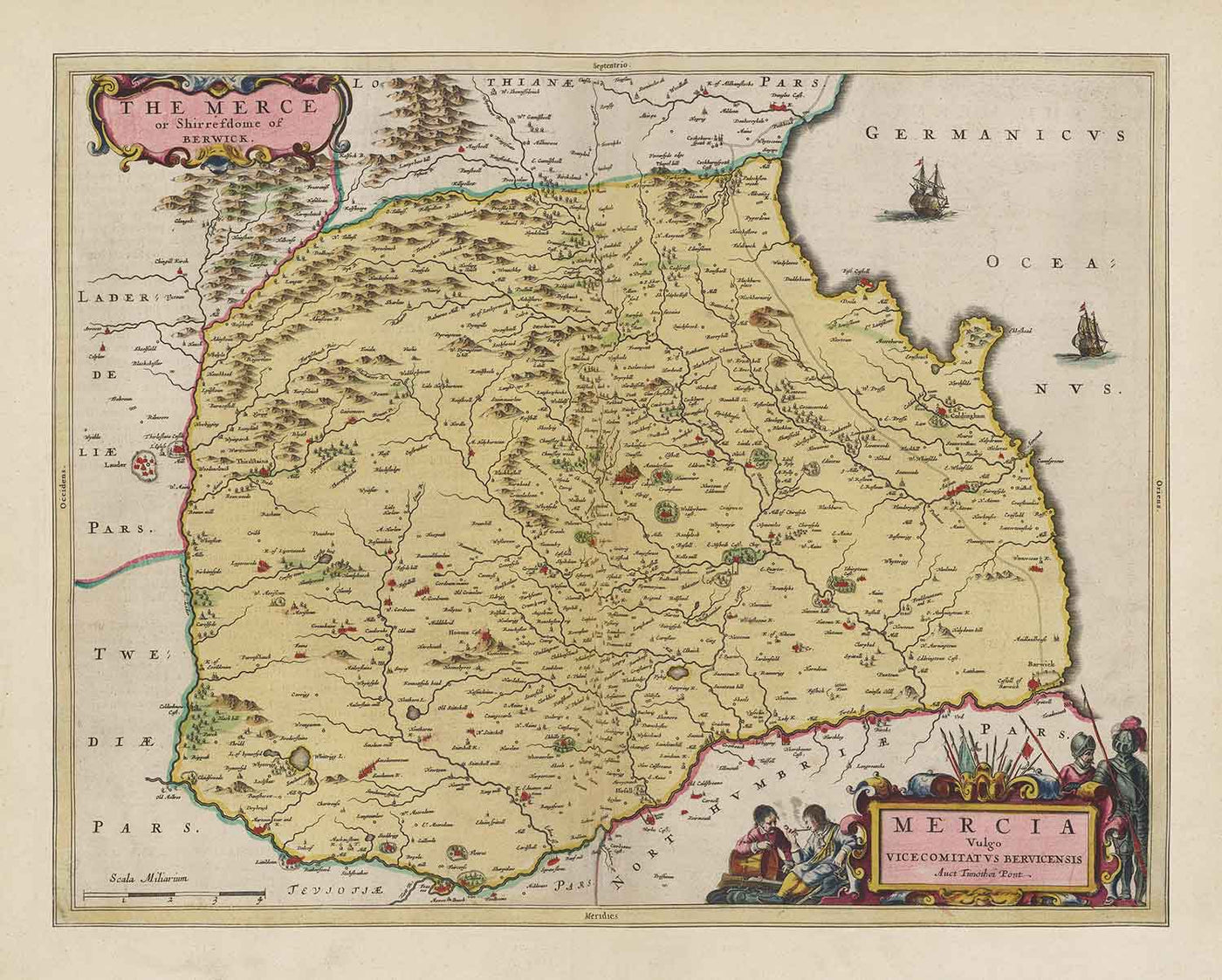Alte Karte von Berwickshire im Jahr 1665 von Joan Blaeu - Eyemouth, Ayton, Coldingham, Tweedmouth, Hutton