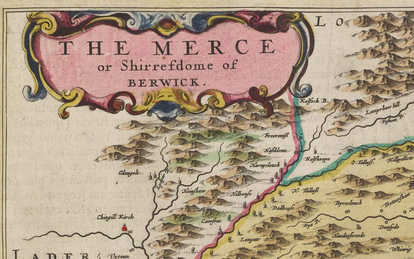 Antiguo mapa de Berwickshire en 1665 por Joan Blaeu - Eyemouth, Ayton, Coldingham, Tweedmouth, Hutton
