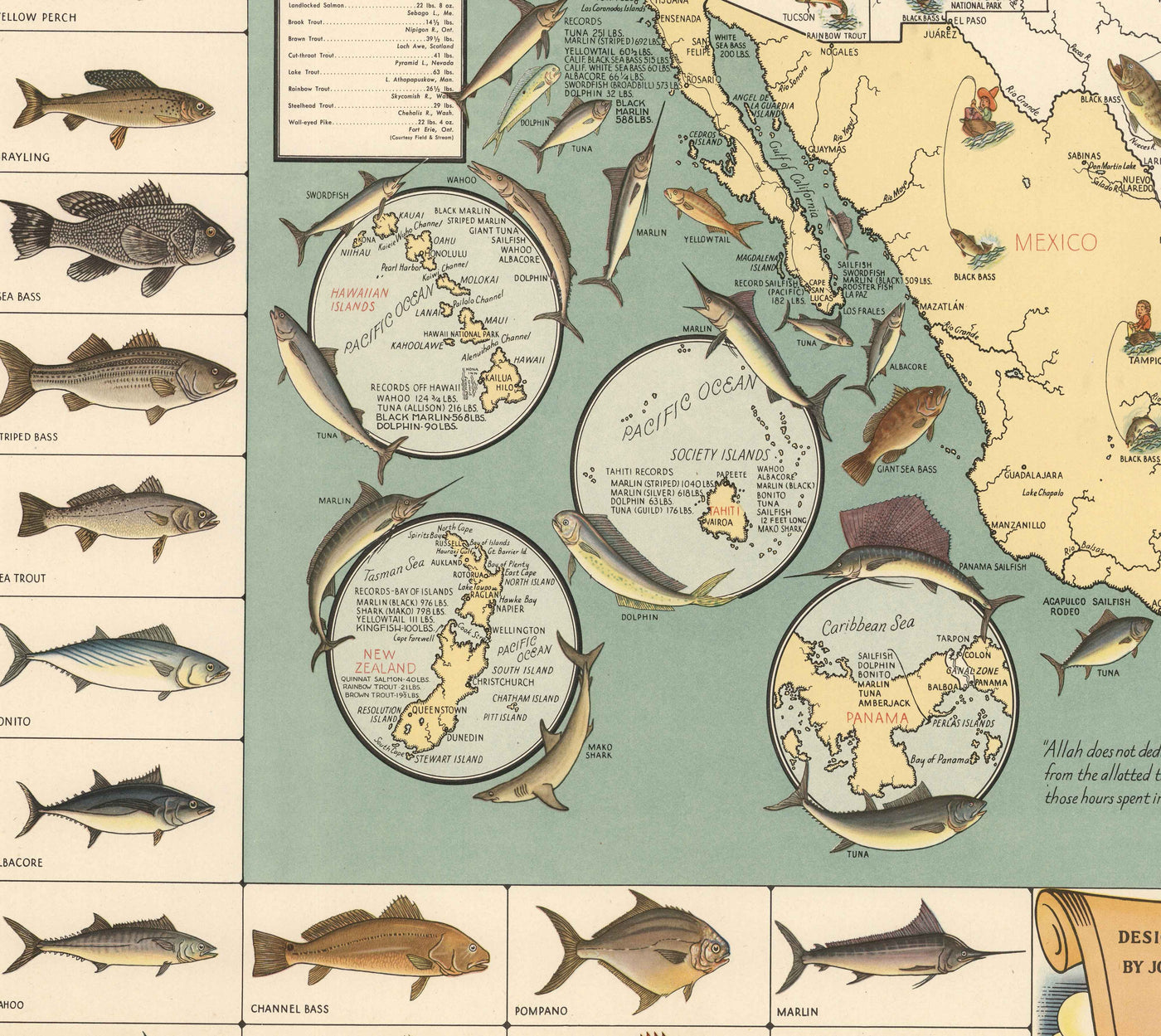 Antiguo mapa pictórico de la caza mayor en EE.UU., 1936 - Alaska, Florida, Michigan, Minnesota, Luisiana