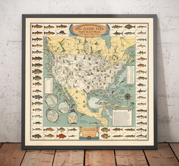 Alte bildliche Karte der großen Sportfische der USA, 1936 - Alaska, Florida, Michigan, Minnesota, Louisiana 