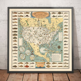 Old Pictorial Big Game Fish Map of the USA, 1936 - Alaska, Florida, Michigan, Minnesota, Louisiana