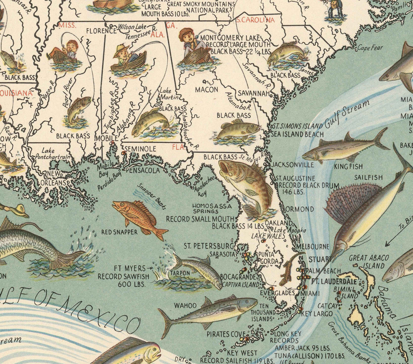 Alte bildliche Großwildfischkarte der USA, 1936 - Alaska, Florida, Michigan, Minnesota, Louisiana