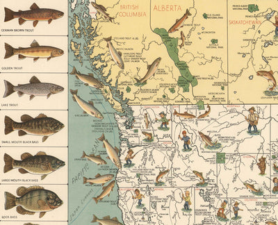 Old Pictorial Big Game Fish Map of the USA, 1936 - Alaska, Florida, Michigan, Minnesota, Louisiana