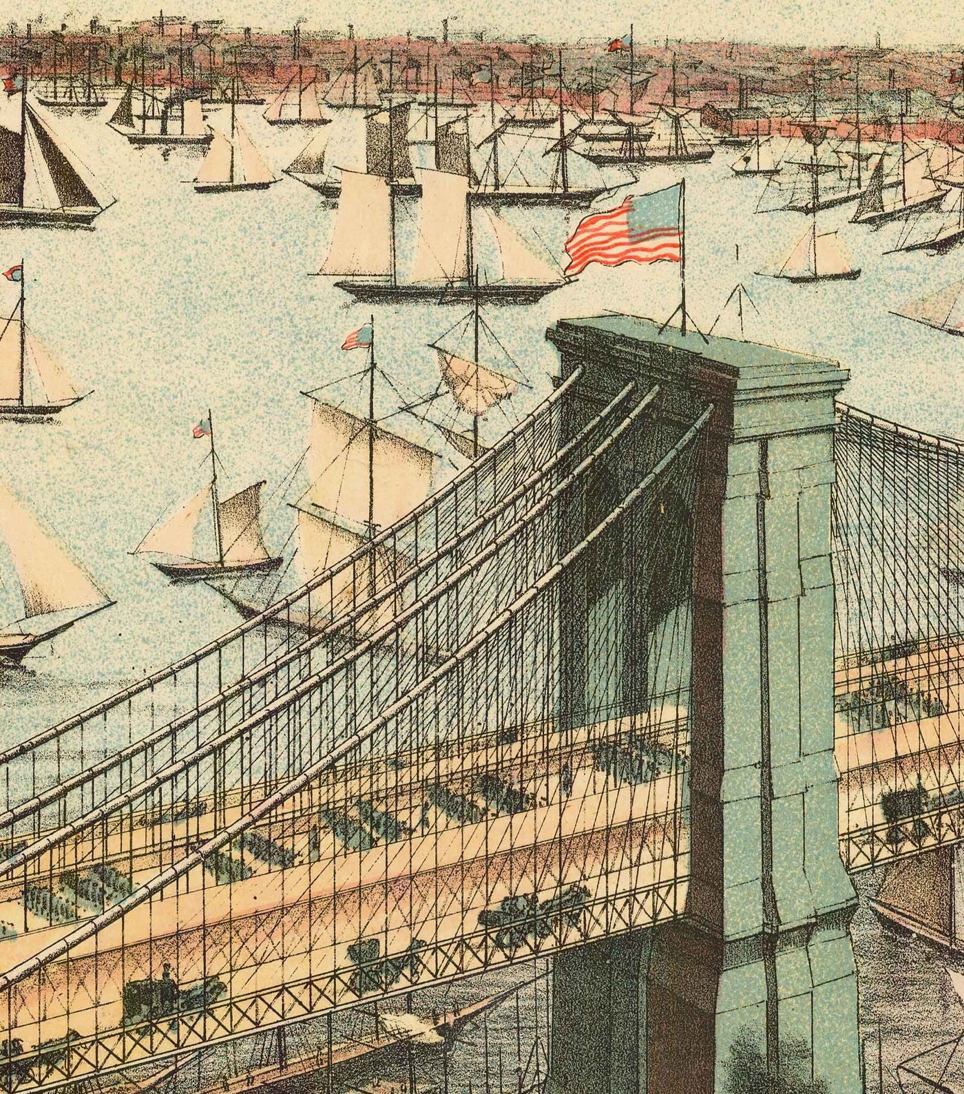 Alte Vogelperspektive der Brooklyn Bridge im Jahr 1883 - Große Hängebrücke, New York City, East River, Brooklyn Tower
