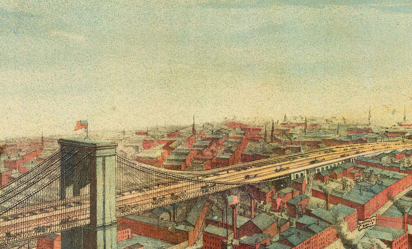 Alte Vogelperspektive der Brooklyn Bridge im Jahr 1883 - Große Hängebrücke, New York City, East River, Brooklyn Tower