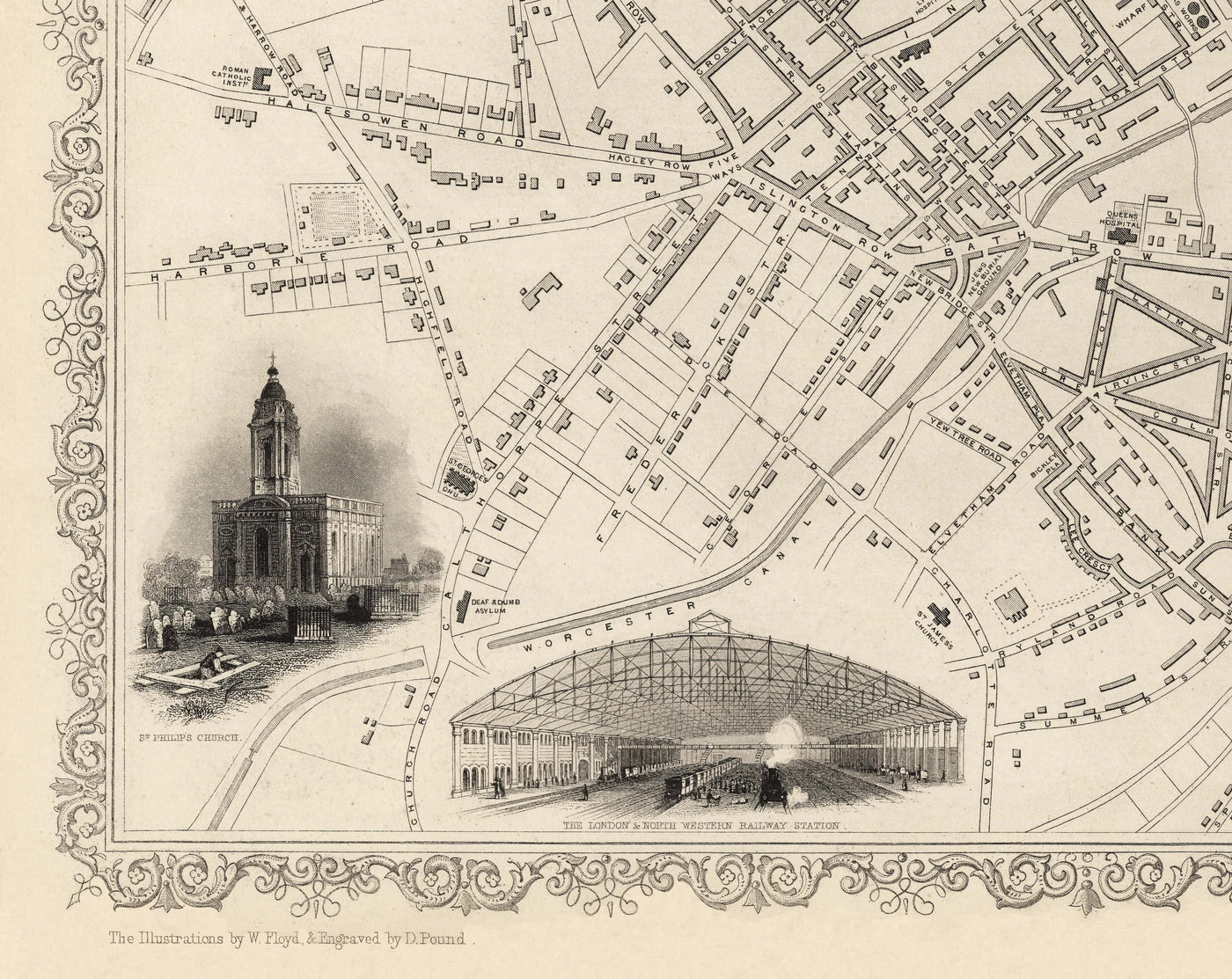 Ancienne carte de Birmingham en 1851 par J. & F. Tallis - Midlands, Brum, City Wall Art