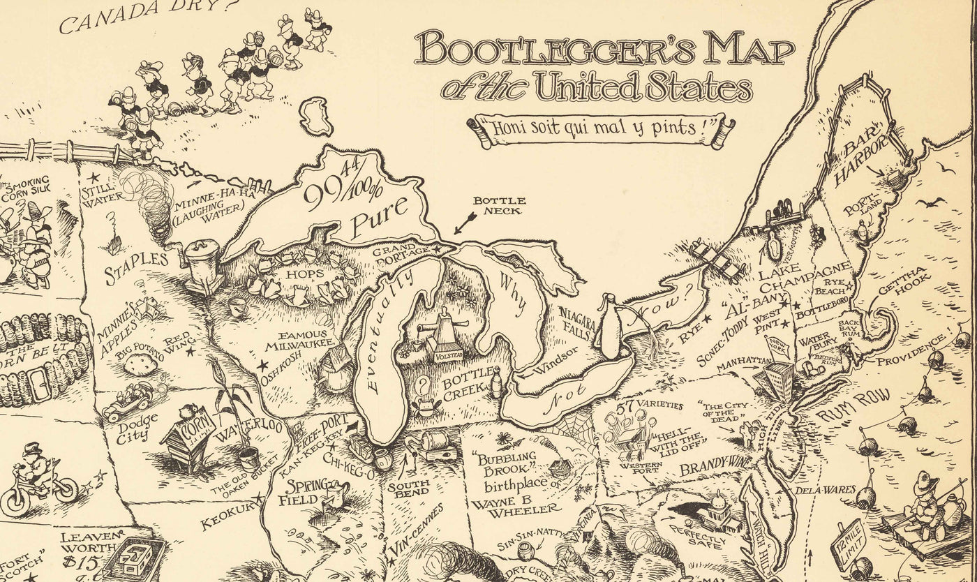 Old Alcohol Bootlegger's Map of the United States, 1926 by McCandlish - Carte humoristique des États-Unis datant de l'époque de la prohibition.