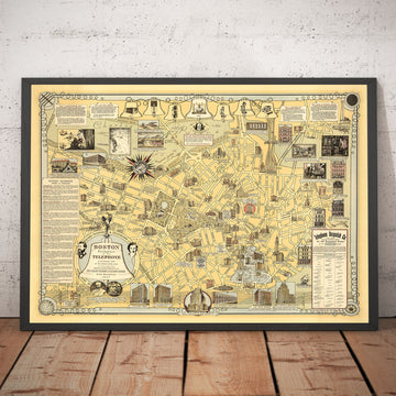 Antiguo mapa pictórico de Boston, 1947 Ernest Dudley Chase - Nacimiento del teléfono, Graham Bell, Beacon Hill, Centro de la ciudad