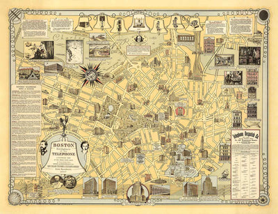 Old Pictorial Map of Boston, 1947 Ernest Dudley Chase - Birth of the Telephone, Graham Bell, Beacon Hill, Downtown