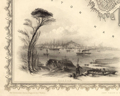 Ancienne carte de Boston, Massachusetts en 1851 par Tallis & Rapkin