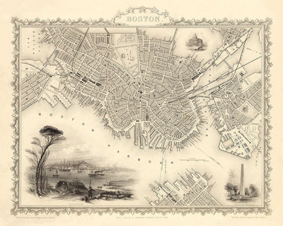 Mapa antiguo de Boston, Massachusetts en 1851 por Tallis & Rapkin