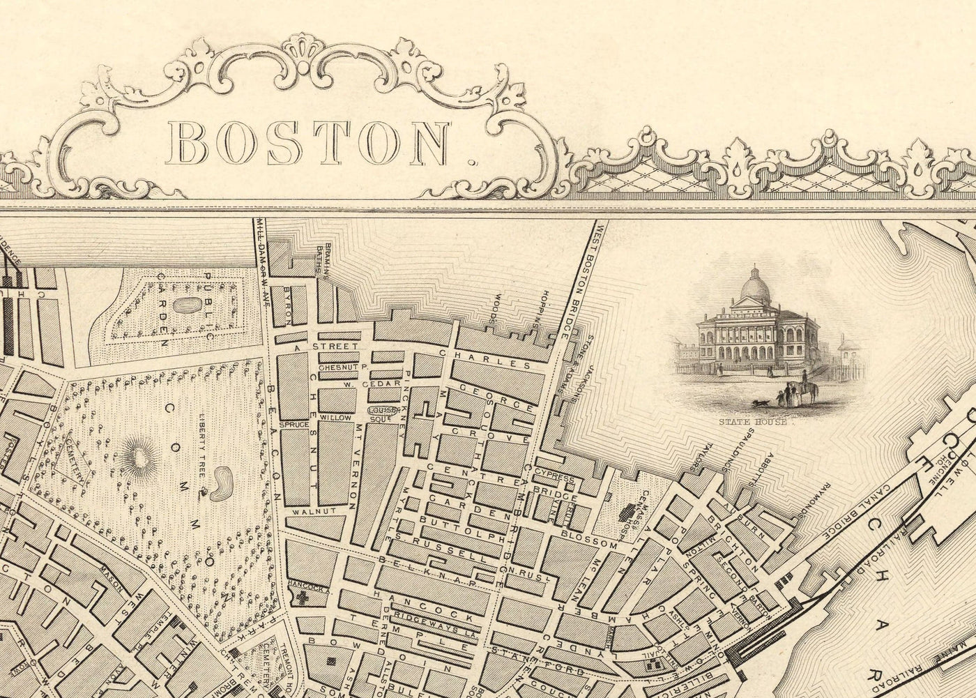Ancienne carte de Boston, Massachusetts en 1851 par Tallis & Rapkin