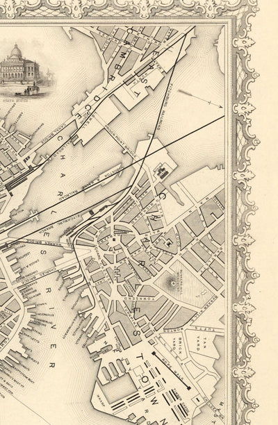 Mapa antiguo de Boston, Massachusetts en 1851 por Tallis & Rapkin