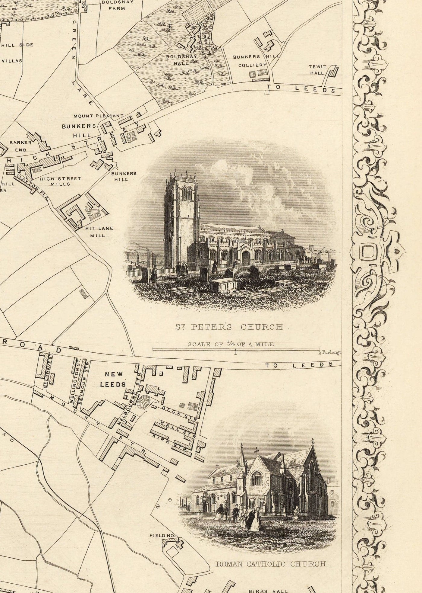 Ancienne carte de Bradford en 1851 par Tallis & Rapkin