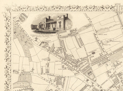 Ancienne carte de Bradford en 1851 par Tallis & Rapkin