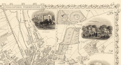 Antiguo mapa de Bradford en 1851 por Tallis & Rapkin