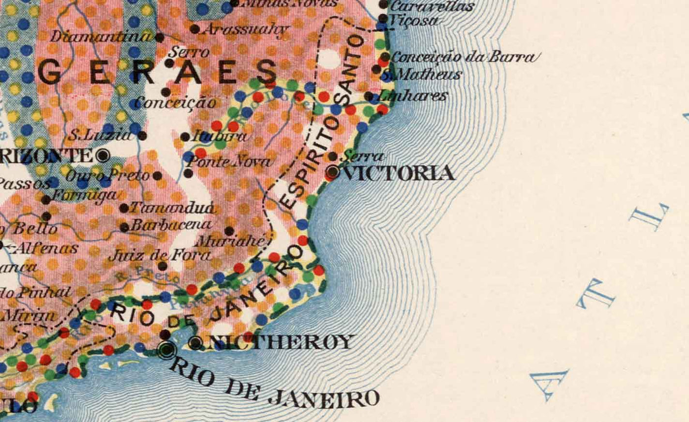 Ancienne carte du Brésil Agrologie, 1908 - Agriculture, Géologie, Roches, Sol - Rio, Porto Alegre, Amazonie